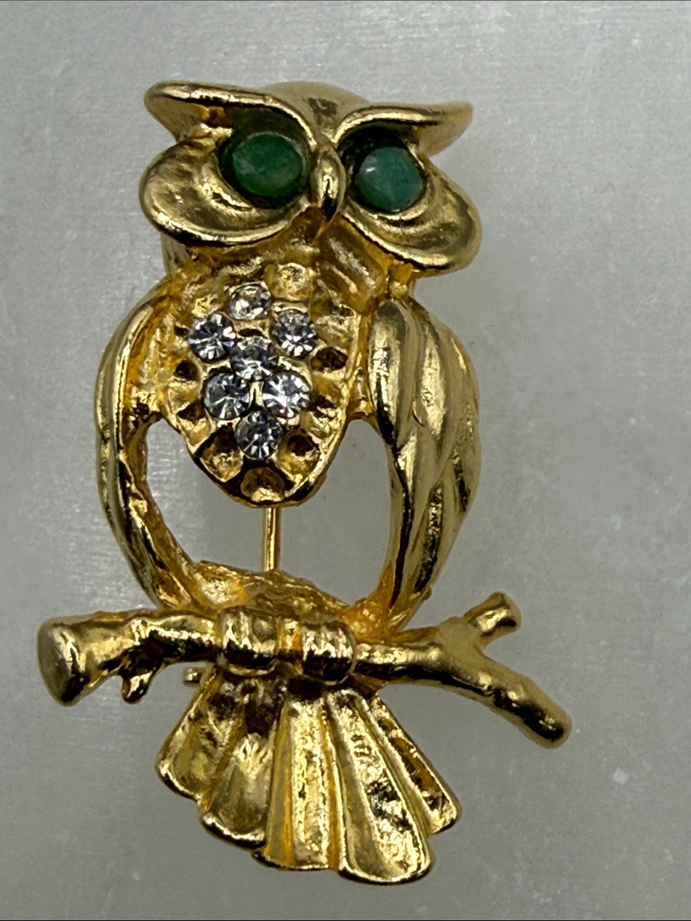 Vintage Gold-Tone Owl Brooch with Green Eyes and Clear rhinestones